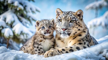 Obraz premium Snuggled up in the snow, a baby snow leopard snuggles close to its mother's warmth, their fur intertwined