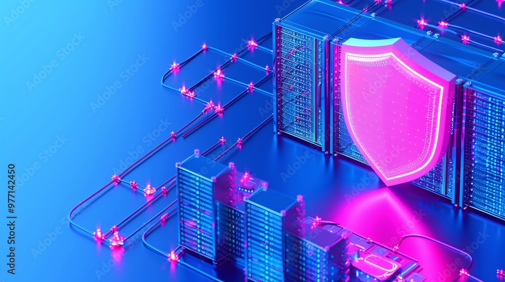 Poster a vibrant digital illustration of secure data storage with a glowing shield representing cybersecuri