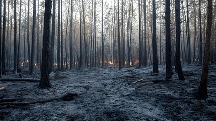 Obraz premium A forest floor covered in ashes after a wildfire, with trees scorched black