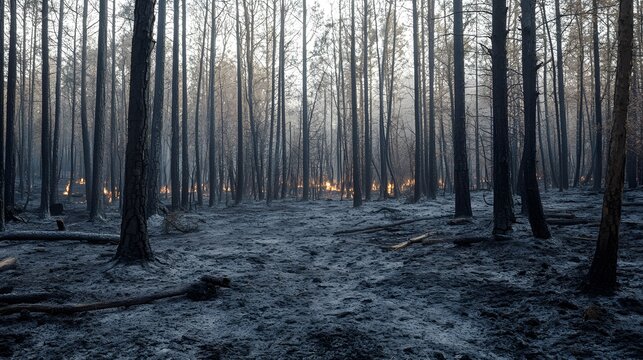 A forest floor covered in ashes after a wildfire, with trees scorched black