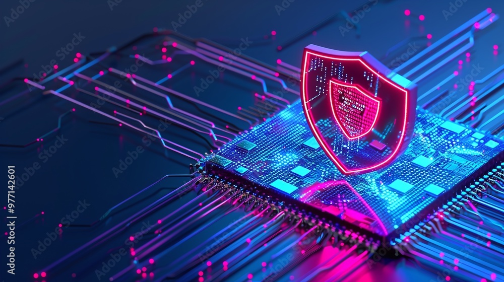 Poster a vibrant digital representation of a microchip with a glowing shield symbolizing cybersecurity and 