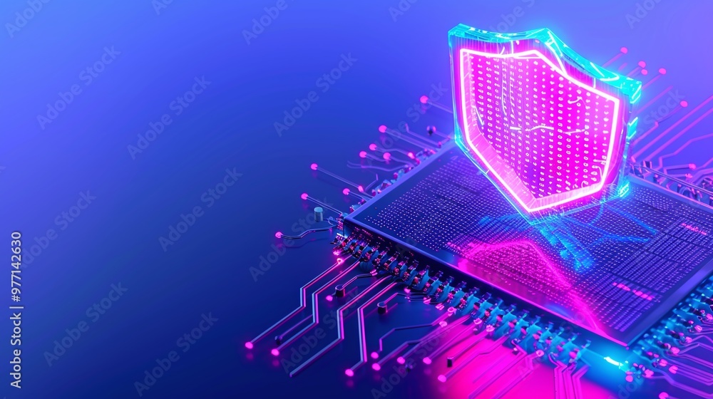 Poster a vibrant digital representation of a security shield over a circuit board, symbolizing cybersecurit