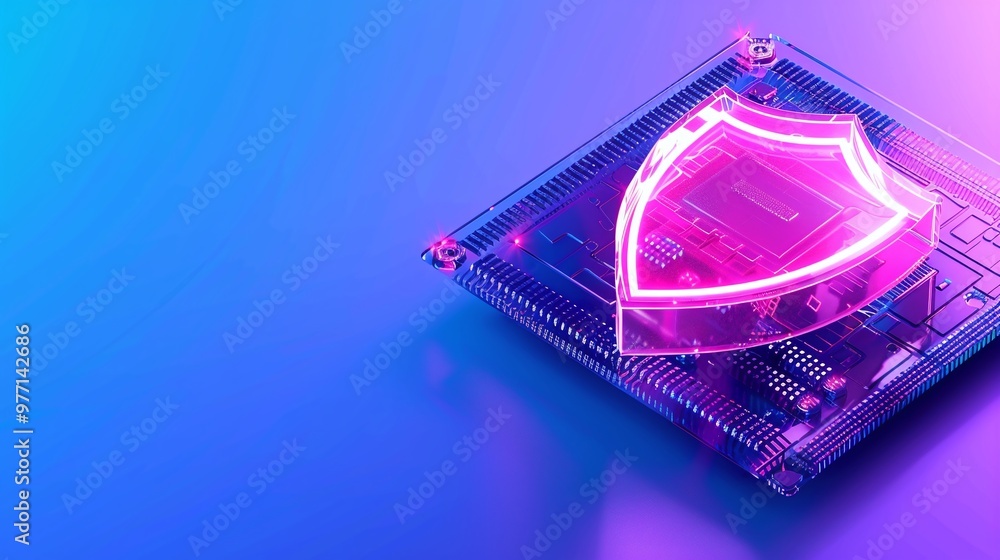 Poster a vibrant digital representation of cybersecurity featuring a neon shield on a circuit board for tec