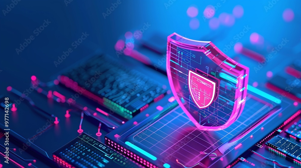 Poster a vibrant digital representation of cybersecurity featuring a shield symbol over a circuit backgroun