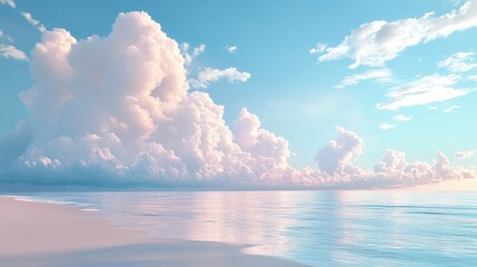Visualize a dreamy beach scene with a sky filled with large, billowy clouds and a calm, clear ocean, inviting relaxation and providing a serene escape from daily life