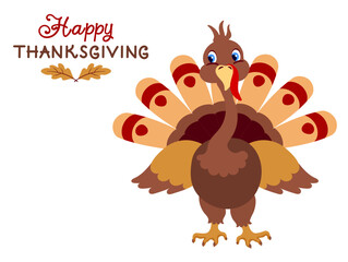Thanksgiving day card with turkey for greeting postcard with inscription.