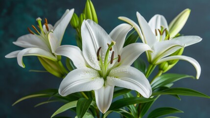 Obraz premium Elegant white lily flowers close up. Bouquet of fresh, blossoming lilies on dark green background