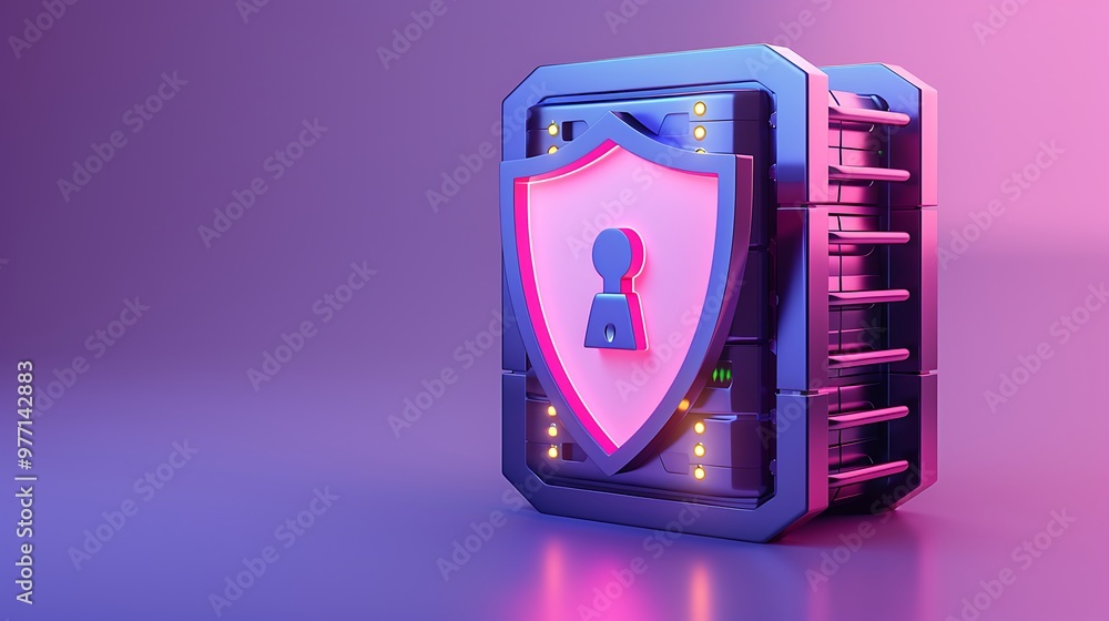 Poster a vibrant digital security safe featuring a shield and keyhole, representing data protection and cyb