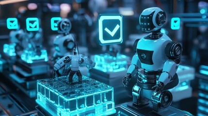 Robotic inspectors examining products, floating holographic checkmarks indicating quality approval, futuristic, clean design, vibrant neon blue glow, ultra-detailed.
