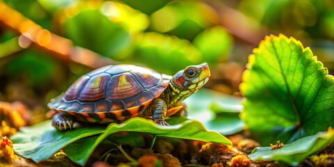 Obraz premium Softly glowing in the sun's warm rays, a small turtle's colorful shell is adorned with intricate patterns, nestled