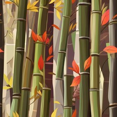 Tranquil Bamboo Forest with Autumn Leaves Illustration
