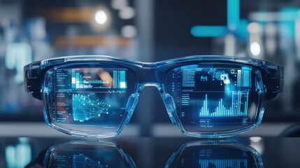 Augmented reality glasses reflecting audit data, quality charts, and holographic displays in a high-tech lab, Sci-fi, Futuristic, Blue hues.