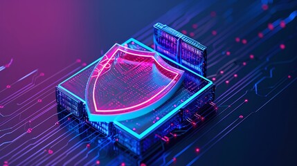 A vibrant digital shield graphic representing cybersecurity and data protection in a futuristic tech environment.