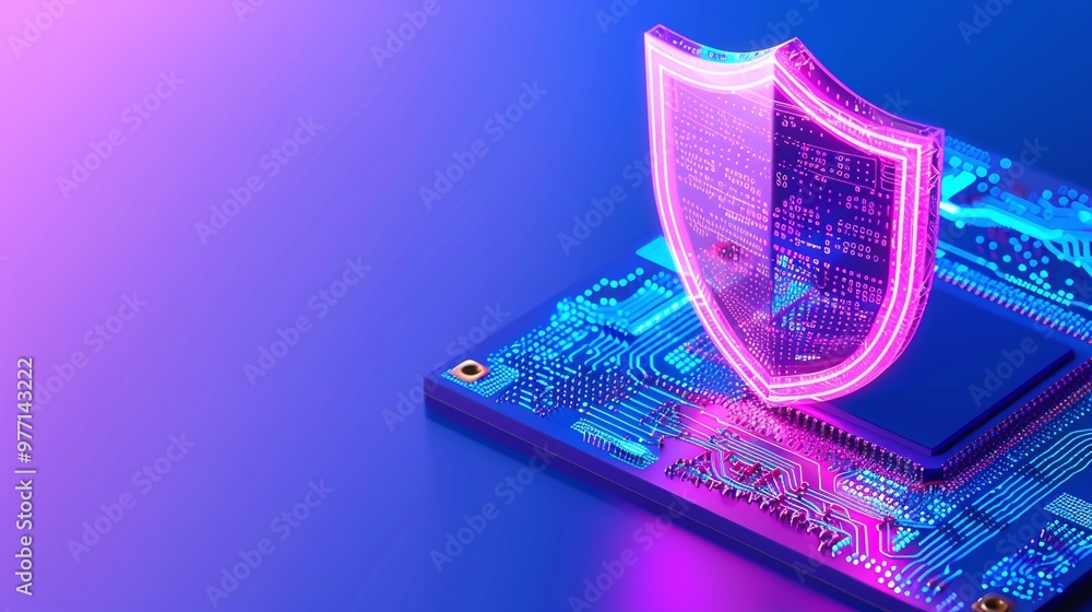 Poster a vibrant digital shield icon on a circuit board, symbolizing data security and technology innovatio