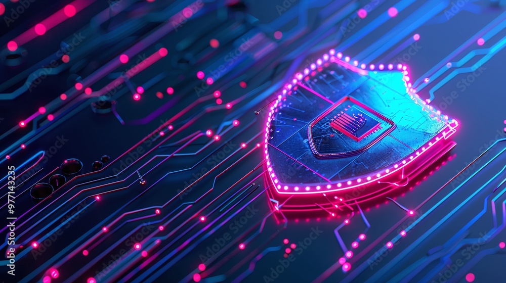 Poster a vibrant digital shield icon on a tech circuit background, representing cybersecurity and protectio