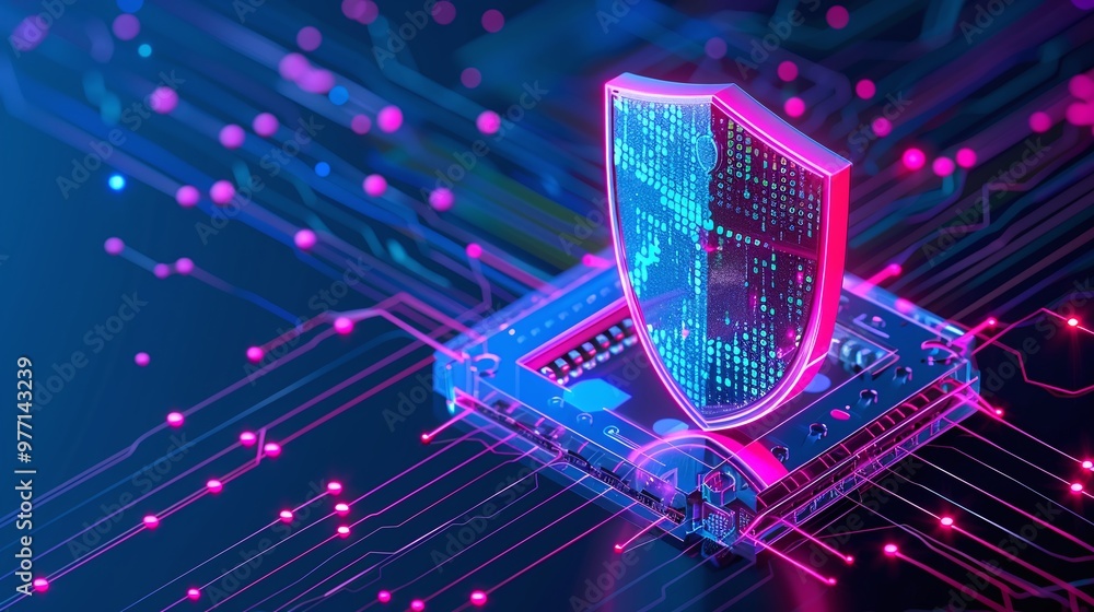 Poster a vibrant digital shield icon on a circuit board, symbolizing cybersecurity and data protection in a