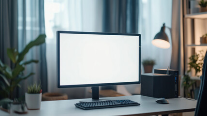 Fototapeta premium Modern workspace with a blank computer monitor and a cozy atmosphere in natural light