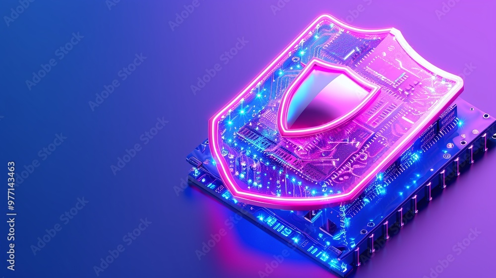 Poster a vibrant digital shield icon representing cybersecurity and data protection on a modern circuit boa