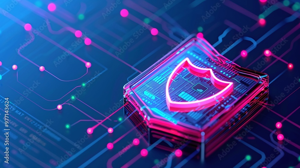 Poster a vibrant digital shield icon representing cybersecurity on a high-tech circuit background, emphasiz