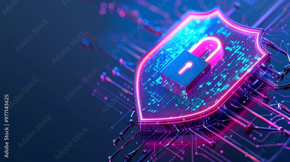 Poster a vibrant digital shield icon representing cybersecurity with a padlock and glowing circuits, symbol