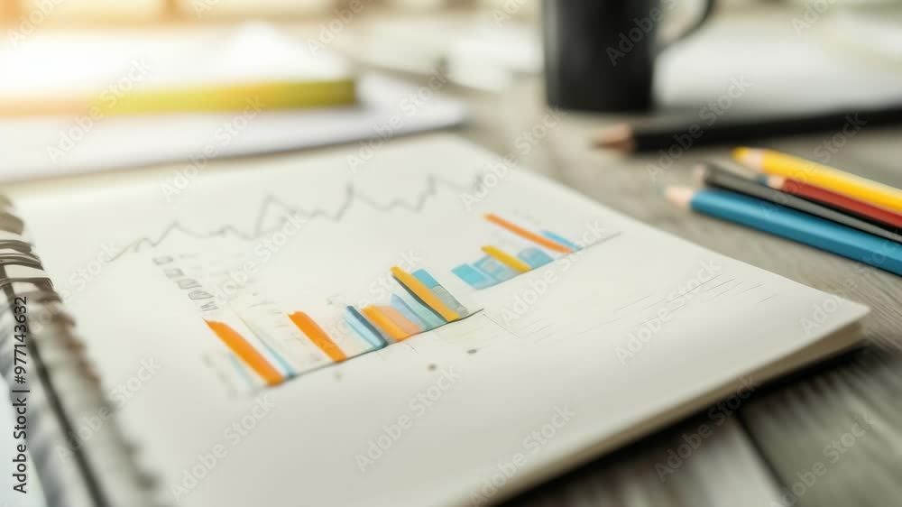 Poster business chart with rising bar graphs on a notepad, surrounded by pencils and documents. ideal for f