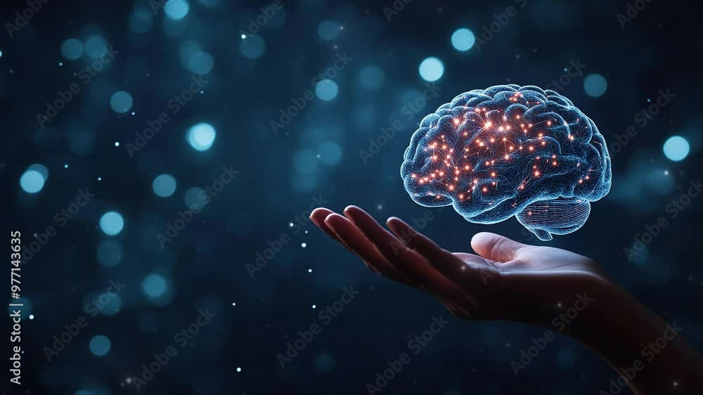 Poster technology and innovation concept. artificial intelligence and neural networks. hand holding a digit