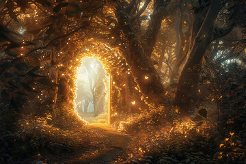 Fototapeta premium A fantastically beautiful door in forest leading to the unknown