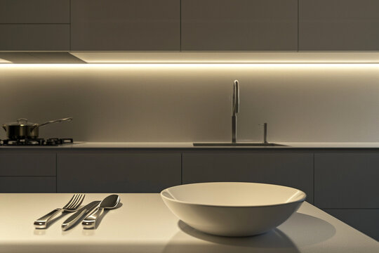 Simple White Bowl and Cutlery in a Sleek Modern Kitchen &ndash; Smooth Side Lighting Creates a Calm and Serene Atmosphere, Perfect for Minimalist and Elegant Home Designs