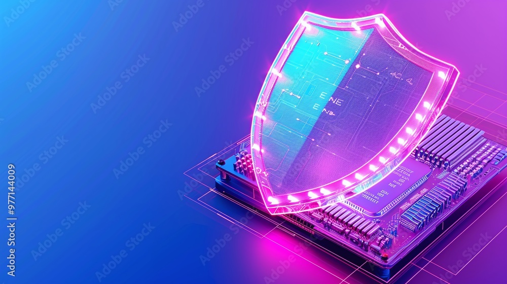 Poster a vibrant digital shield over a microprocessor, symbolizing advanced cybersecurity and tech protecti