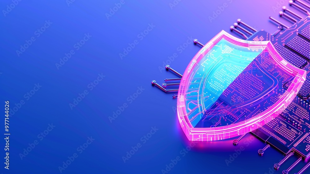 Poster a vibrant digital shield overlay on a microchip, representing cybersecurity and data protection tech