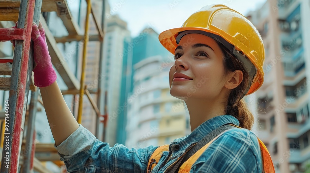 Poster visualize a woman construction worker setting up scaffolding, showing her role in ensuring safe and 