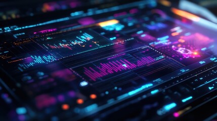 Close-up of a tablet displaying holographic audit metrics with glowing data projections, Sci-fi, Digital art, Soft neon glow.