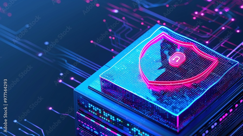 Poster a vibrant digital shield representing cybersecurity, set against a backdrop of advanced technology a