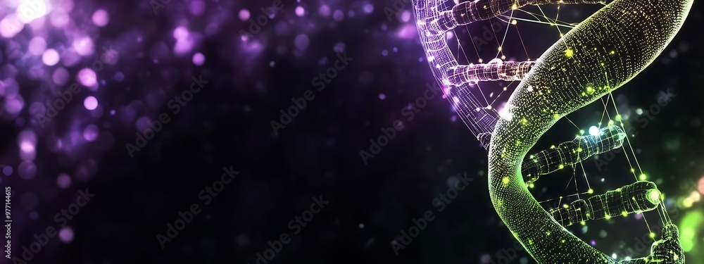 Poster a glowing green and yellow dna double helix with a purple bokeh background