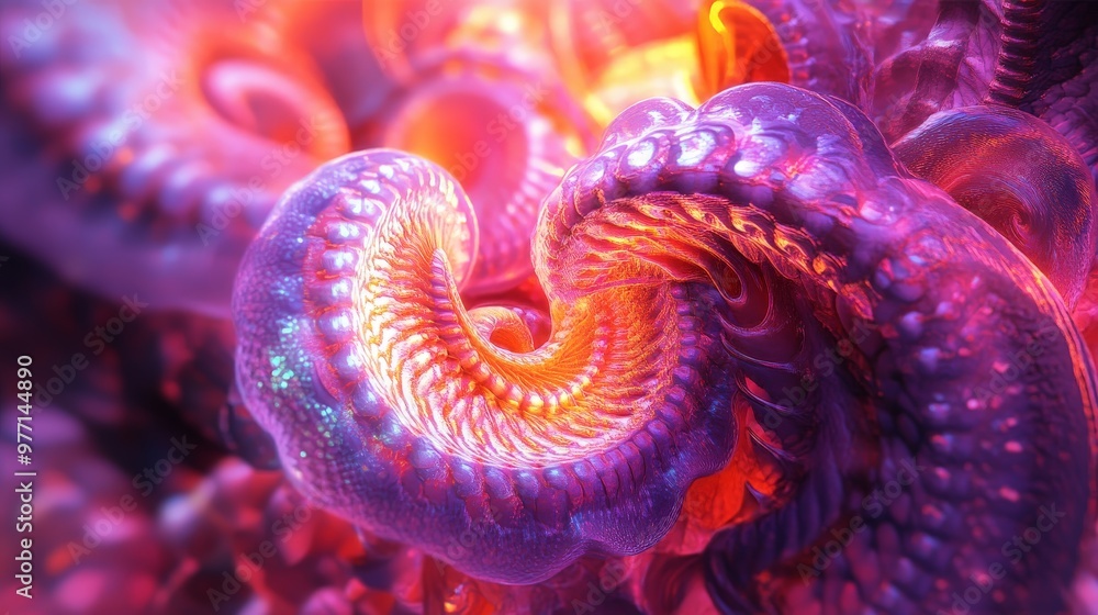 Poster a captivating digital composition featuring trippy textures with swirling, neon patterns and intrica