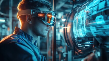 A safety inspector wearing augmented reality glasses, analyzing machinery with digital holograms overlaying data, metallic and blue tones, futuristic factory setting, cyberpunk sty