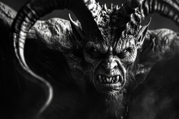 Scary sinister devil is in hell with dramatic fire lighting on the background