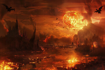 Scary sinister devil is in hell with dramatic fire lighting on the background