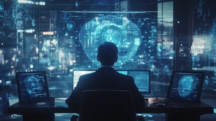 Auditor analyzing a digital holographic report with floating data points, high-tech futuristic office, Sci-fi, Cool tones, High-detail.