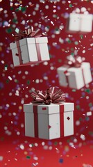 Festive Floating Gifts with Confetti on Red Background