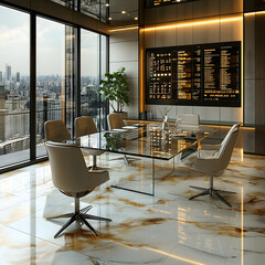 Modern office meeting room with large window overlooking city skyline.