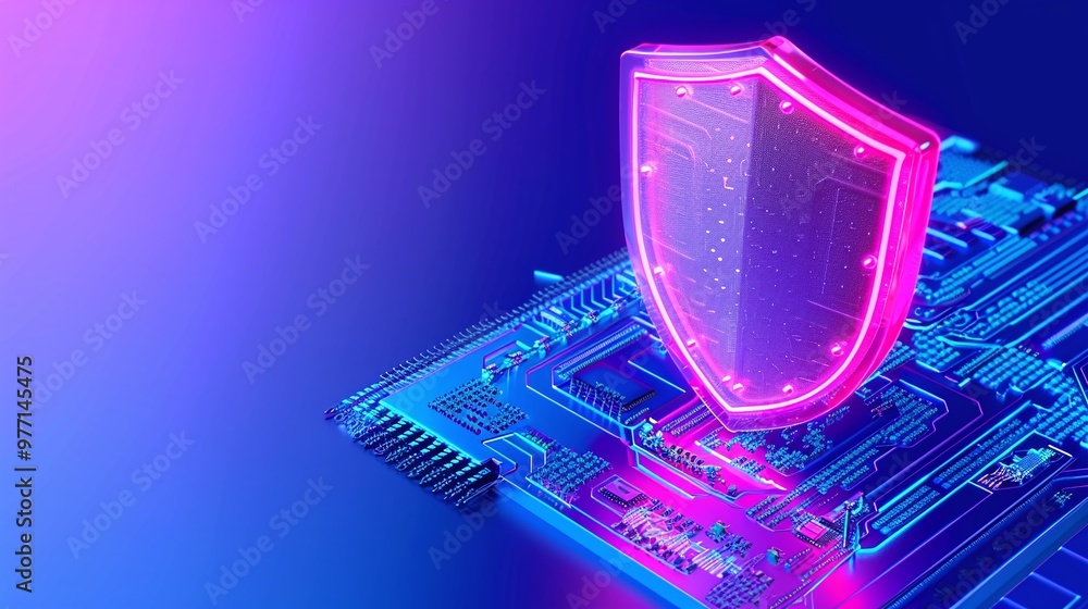 Poster a vibrant digital shield symbolizing cyber security on a futuristic circuit board background.