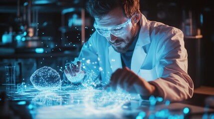 Scientist in a lab coat inspecting holographic product designs, close-up, augmented reality data floating around, blue neon lighting, minimalistic background, ultra-realistic 3D re