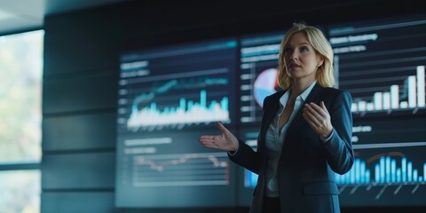 A professional businesswoman giving an investment presentation with graphs and charts in a corporate office.