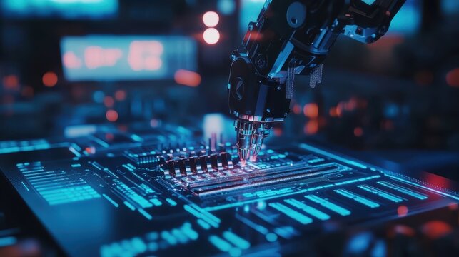 Robotic arm performing quality checks on microchips, close-up, glowing data graphs, neon holographic interface, clean, minimalistic factory setting, cyberpunk style. - Powered by Adobe