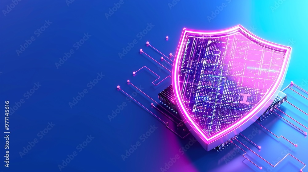Aufkleber a vibrant digital shield symbolizing cybersecurity, featuring neon colors and circuit patterns on a 