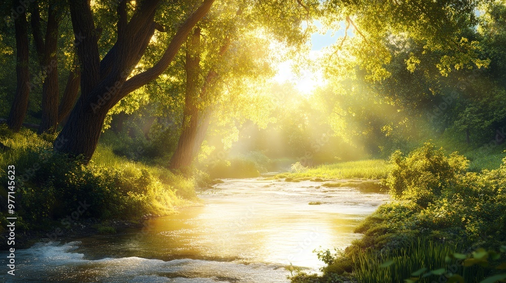 Poster a charming summer background with a serene river flowing through a forest. sunlight filters through 