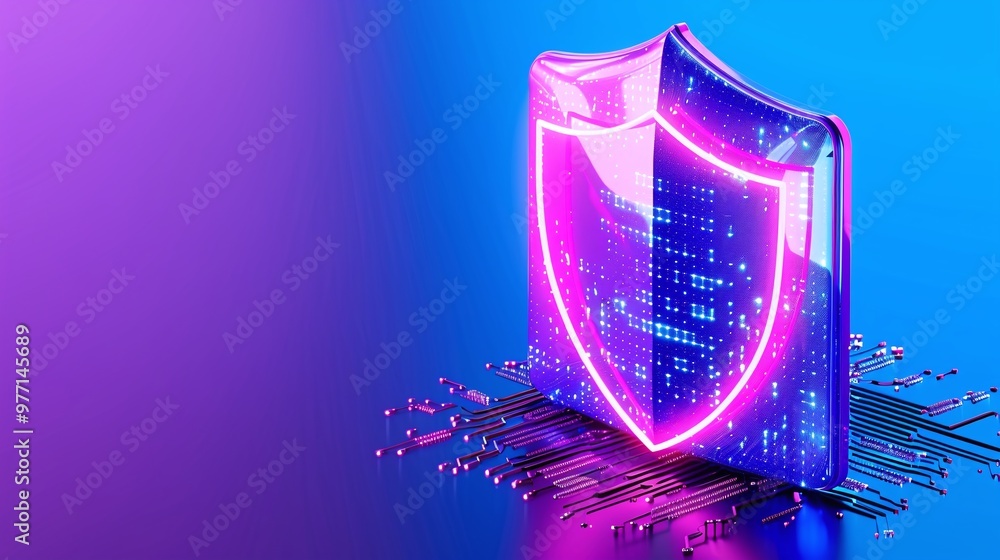 Poster a vibrant digital shield symbolizing cybersecurity, glowing with neon colors and representing data p