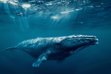 Naklejka premium Fantastically beautiful majestic huge whale in ocean