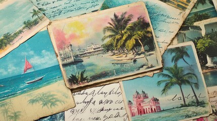 A collection of vintage postcards from around the world, showcasing beautiful destinations and handwritten messages